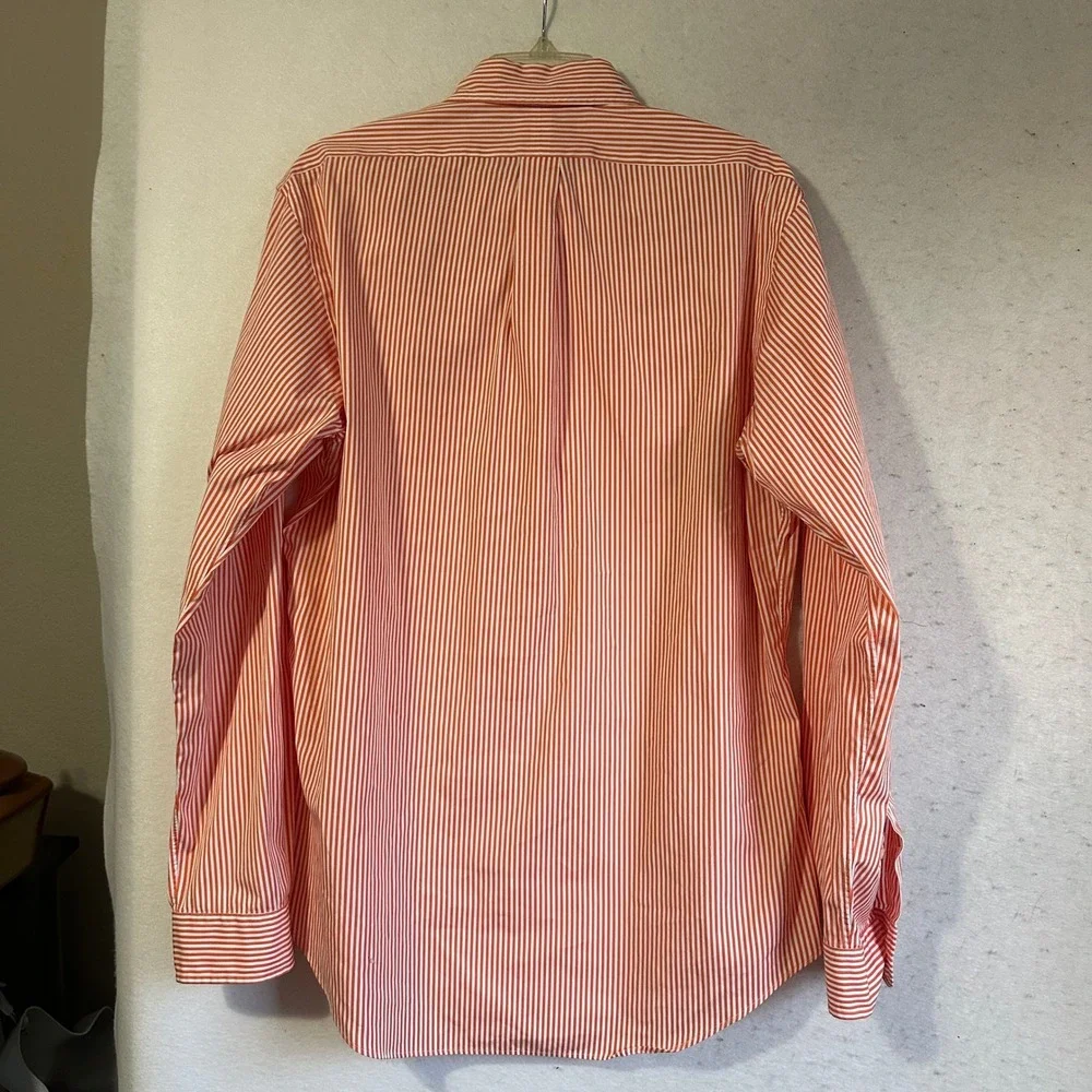 Ralph Lauren Custom Fit Mens Large Orange White Striped Button Down Shirt Cotton